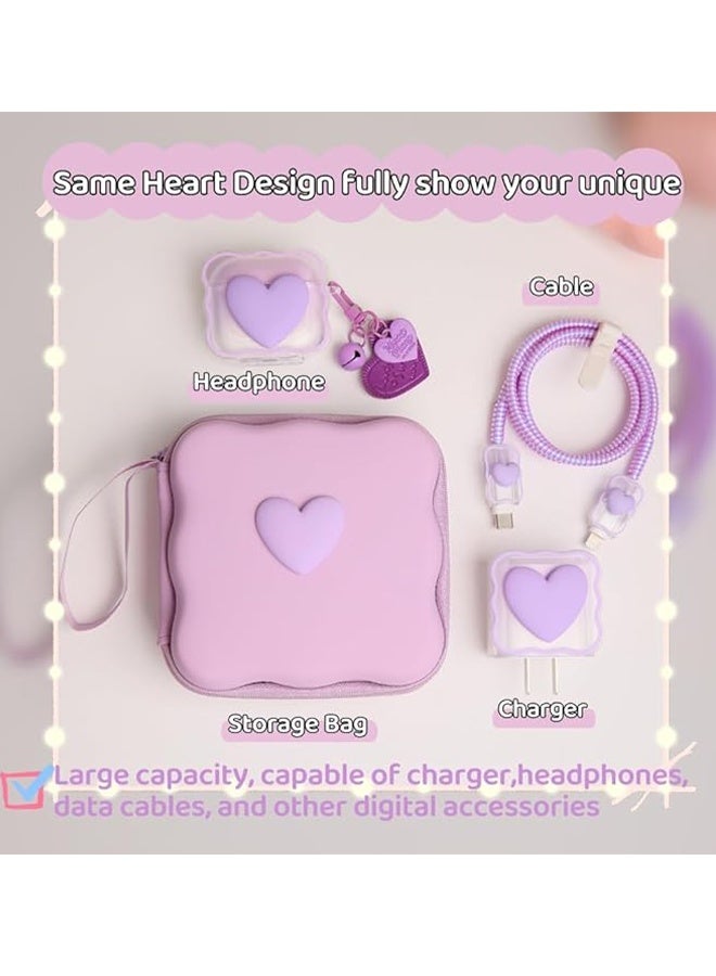 Happy D Compatible with iPhone 18W/20W USB-C Charger, Transparent Cute 3D Heart Ripple Design, Soft Charging Protection Case and Storage Box, Cute Cable Protector and Storage Box, for Girls and Women - Purple Heart - Image 3
